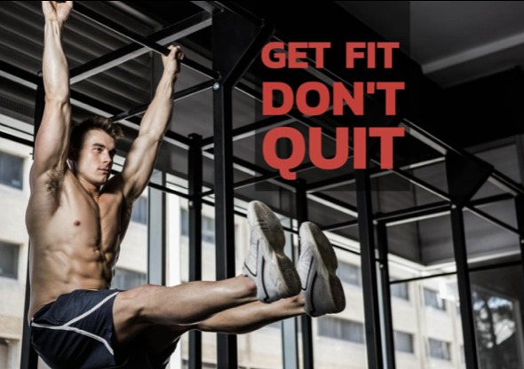 The image is a digital composition of a motivational message and a healthy man doing pull-ups on horizontal bars in a gym.